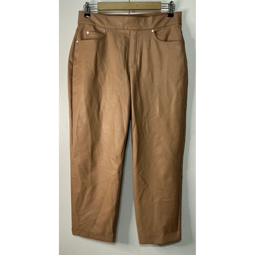 Spanx Faux Leather‎ Slim Straight Leg Pants Women Medium M Camel Brown High Rise